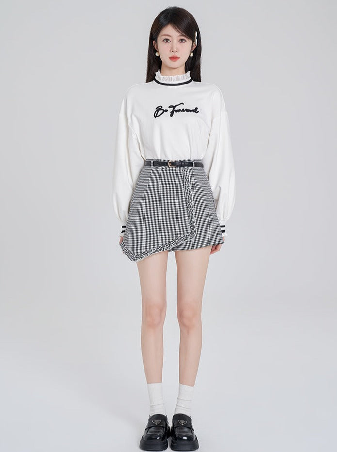 Lace Stand Collar Sweat Top + Asymmetrical Check Skirt