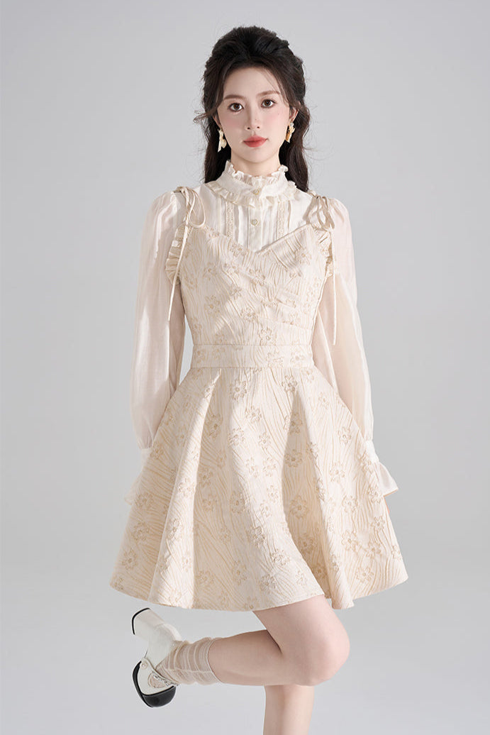 Vestido francés con cuello halter y escote en V + Camisa + Cárdigan