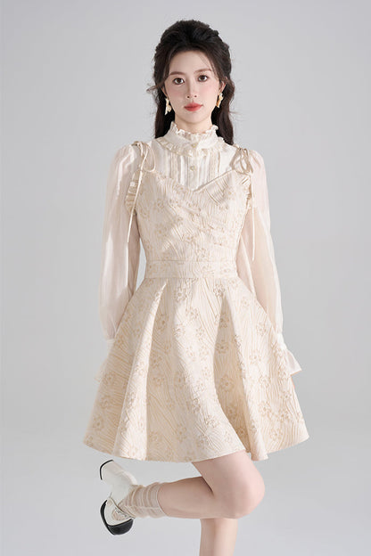 Vestido francés con cuello halter y escote en V + Camisa + Cárdigan