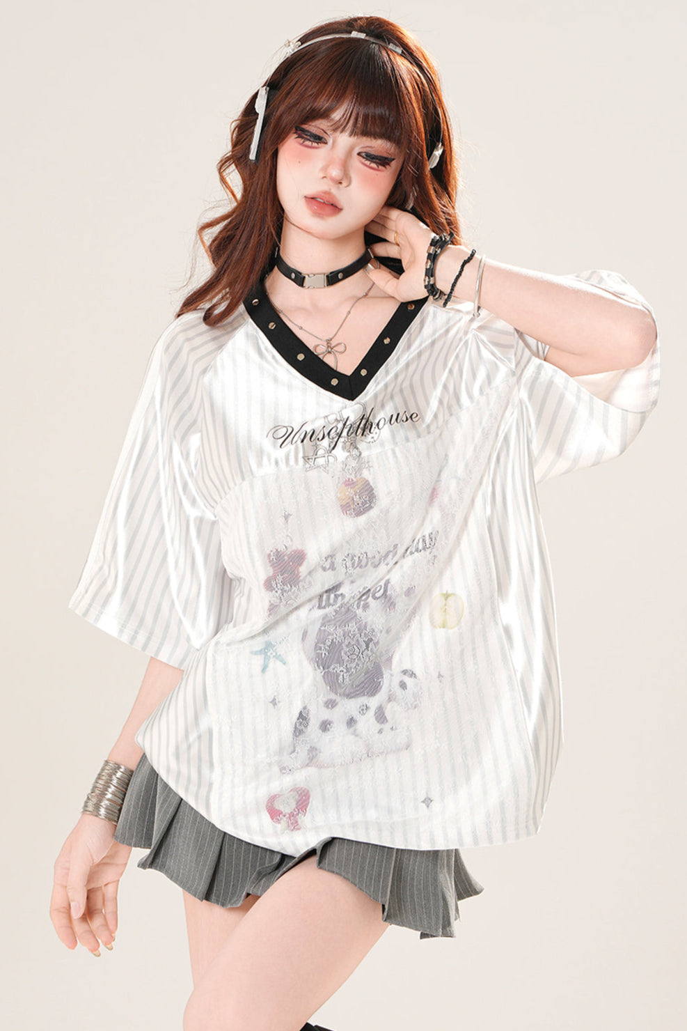 スポーティーネックボーダースクエアショルダートップス