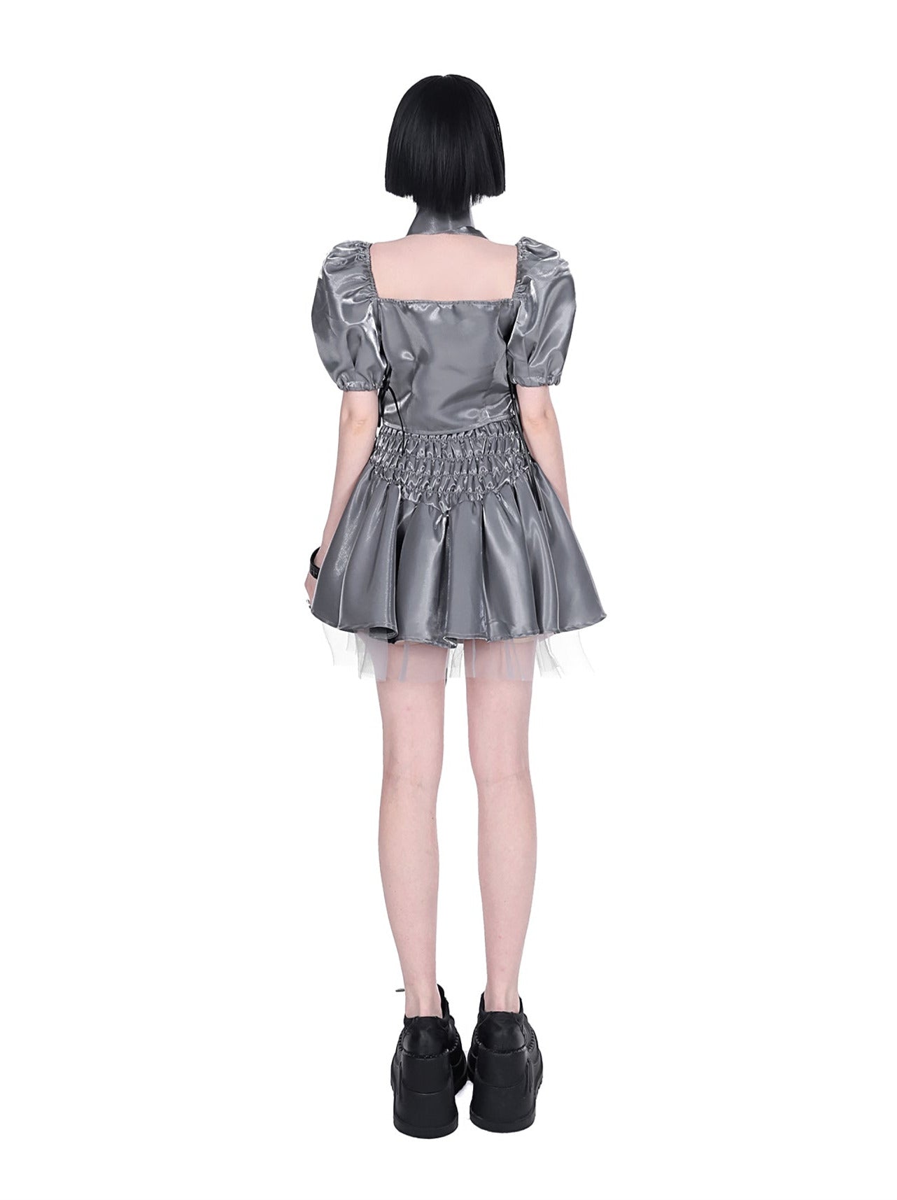 Cyberpunk glitter setup cross neck stole + puff sleeve short top + lace up tulle skirt