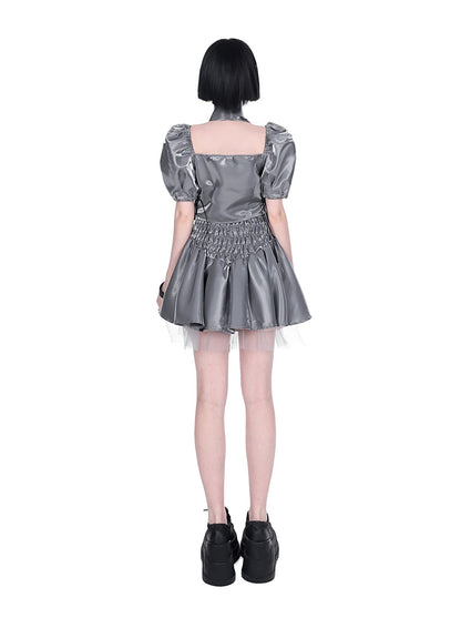 Cyberpunk glitter setup cross neck stole + puff sleeve short top + lace up tulle skirt