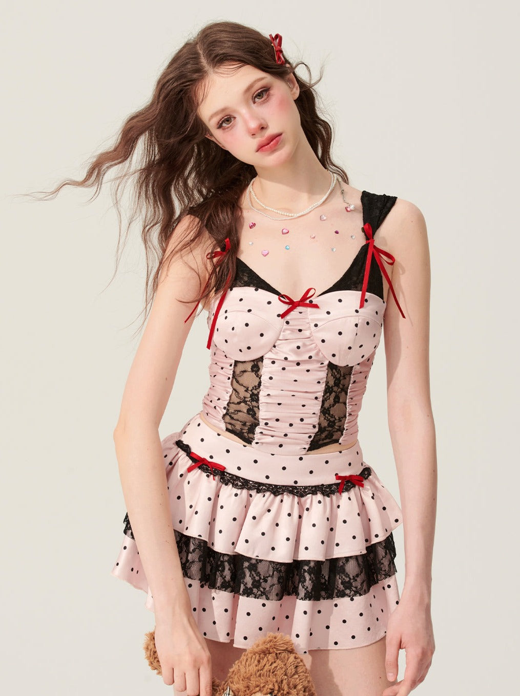 [5 月 31 日 20 时发售] 灰色女孩粉色圆点套装女式短袖上衣和短裙