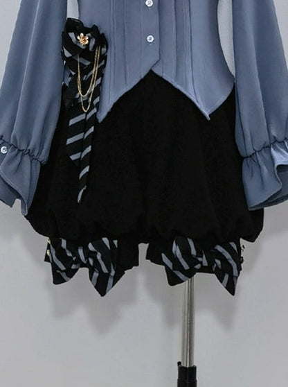 Line Prince Lolita Hooded Long Vest + Dark Blue Shirt + Balloon Ribbon Pants [Reserved Item