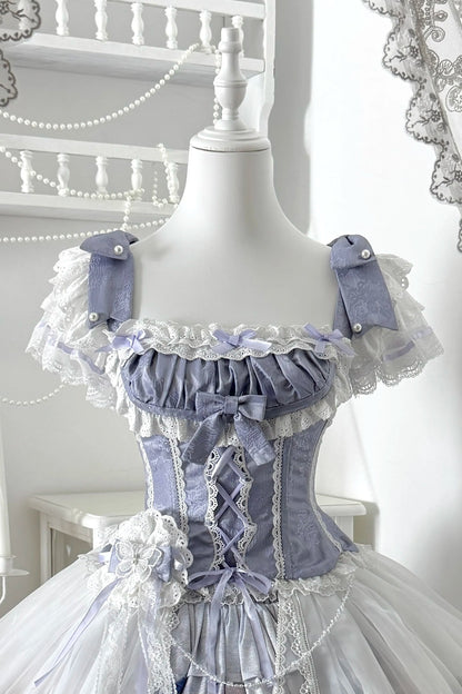 [Vorbestellschluss: 3. August] Snow on the Seine River elegantes Lolita-Schleifen-Rüschen-Korsett-Bustier+Rock mit Kunstdruck+Tüll-Überrock-Set