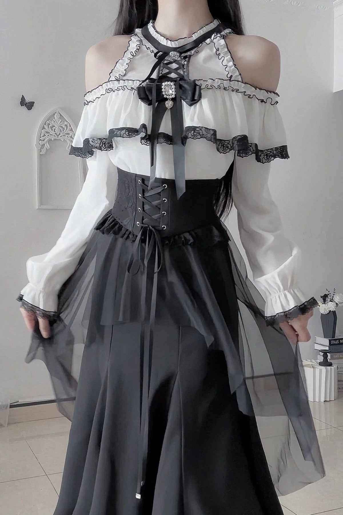 [Pre-order Deadline: October 30] Elegant Gothic White and Black Lace Off-Shoulder Long-Sleeve Ribbon Frill Blouse + Black Layered Lace Long Skirt