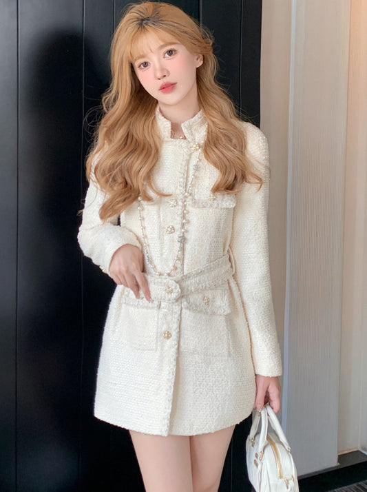 White Tweed French Stand Color Jacket