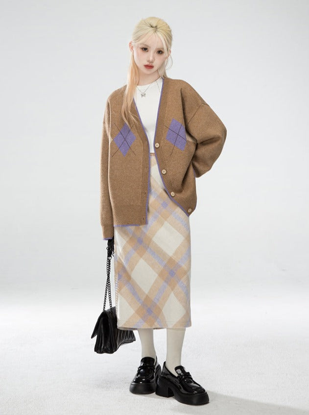 Milk Tea Argyle High Waist Draped Check Skirt