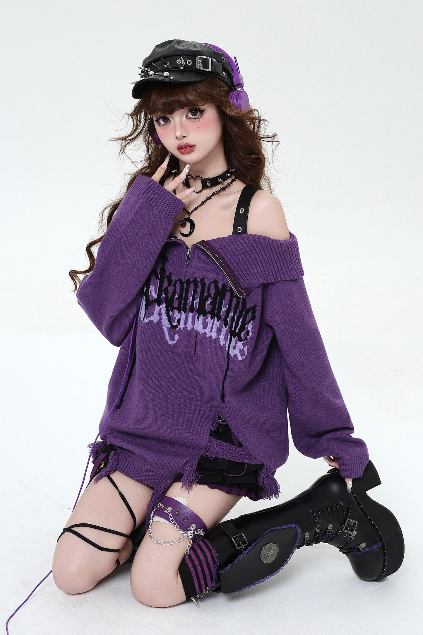 Sub-Black Purple Off-Shoulder Sweater