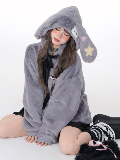 Star Catch Gray Bunny Ears Hood Loose Fur Jacket