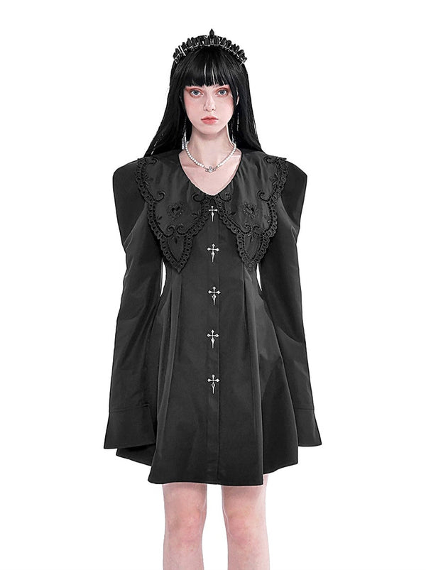 Gothic Lace Metal Cross Puff Shoulder Dress