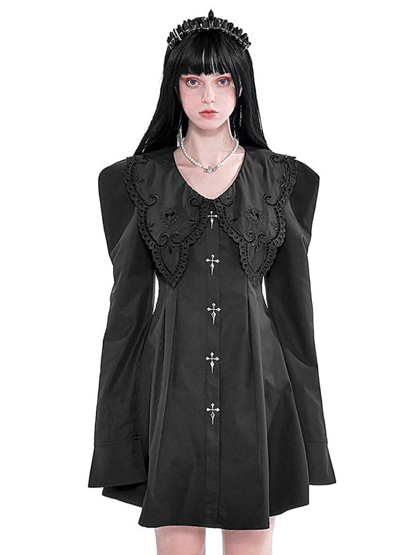 Cross Metallic Puff Sleeve Baroque Doll Collar Dress