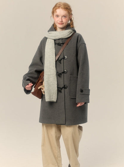 Hooded Gray Horn Button Wool Coat