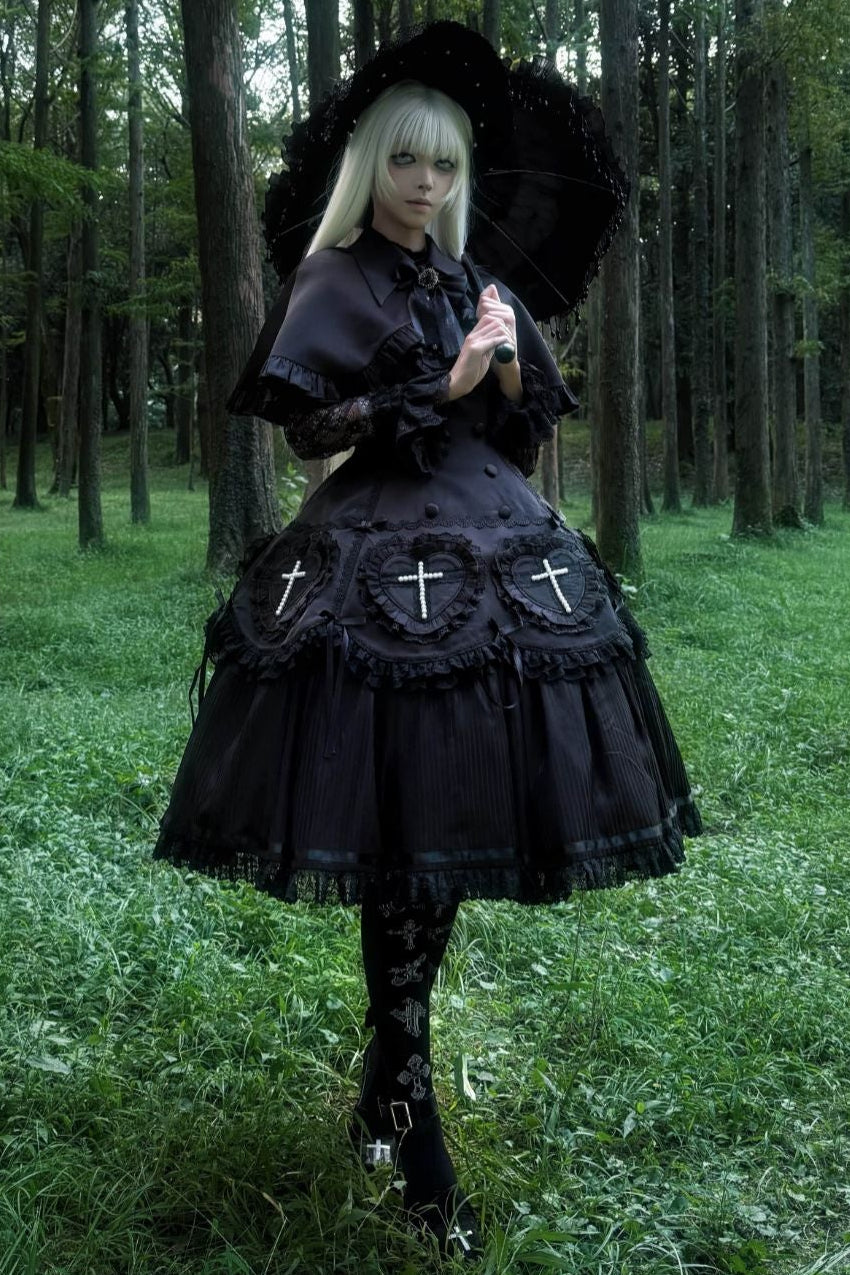 【12月12日予約締切】Night Crossダークエレガントゴシックロリータジュエルリボンケープ＋ロングドレスセット