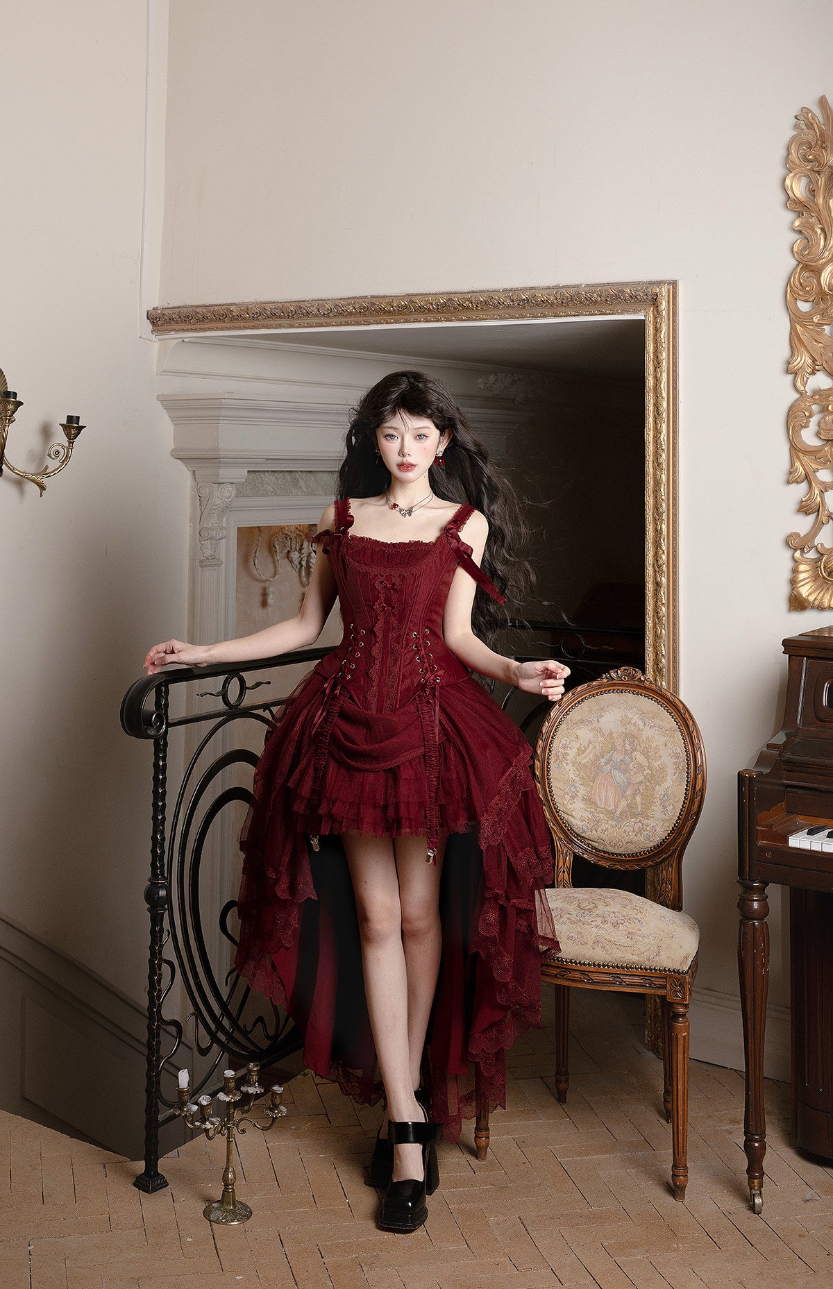 【2月27日予約締切】アンティークランプシャドウシャンパンゴールドストラップリボンビスチェドレスセットアップ