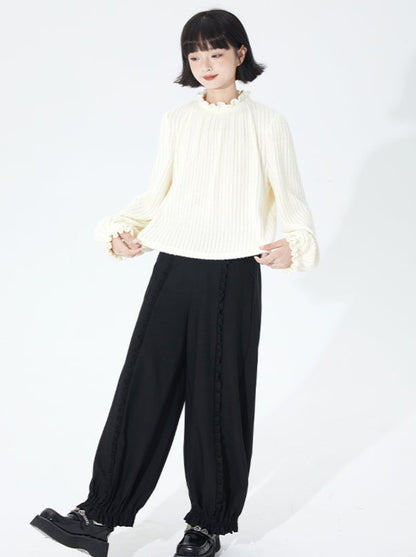 Loose Stretch Pleated Lantern Sleeve Top