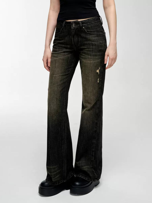 Mess Studio American casual vintage babes wash water old yellow-brown slightly flared jeans slim and thin
