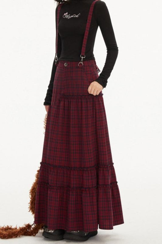 Vintage Check Waist Cinch Long Cake Skirt