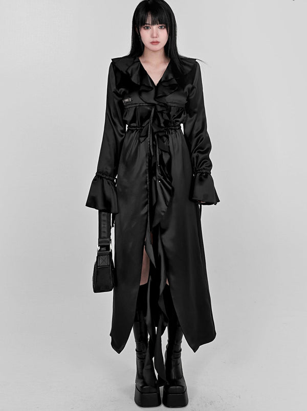 Frilled Lace Drawstring Waist Shirt Extra Long Jacket