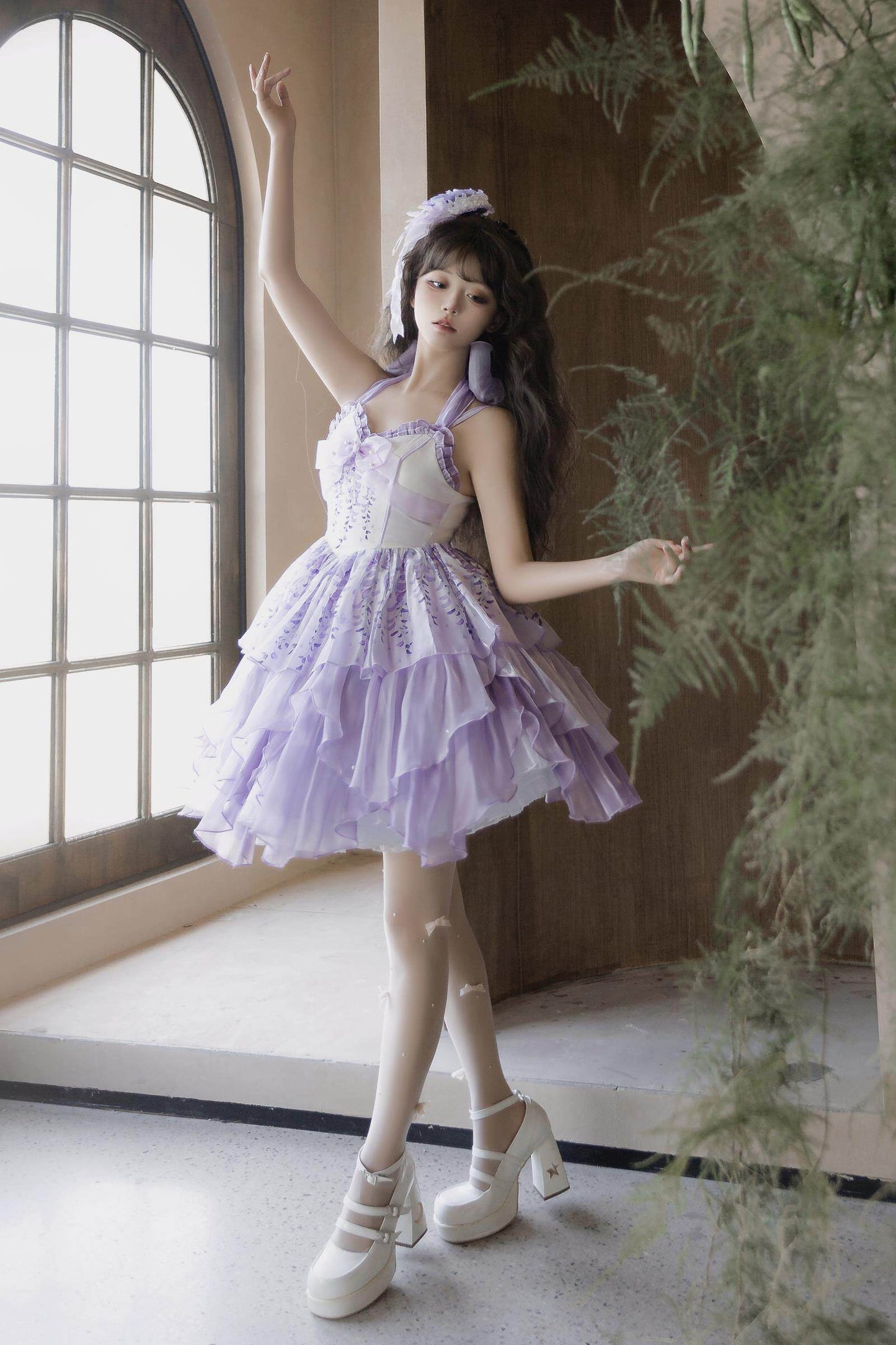 [Pre-order Deadline: June 18] Wisteria Purple Gradient Fairy Lolita Bow Layered JSK Dress + Full Set (Dress + Flower Hat)