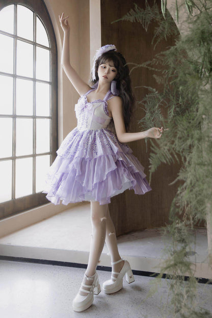 [Pre-order Deadline: June 18] Wisteria Purple Gradient Fairy Lolita Bow Layered JSK Dress + Full Set (Dress + Flower Hat)