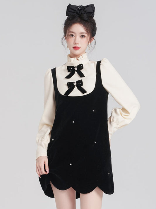 スタンドアップカラーフリルフレンチフェイクツーピースワンピース