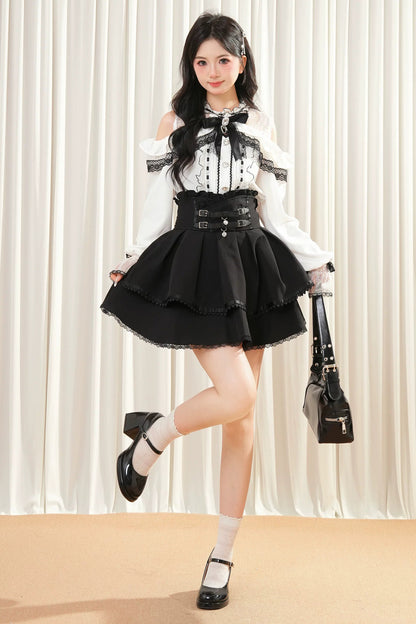 レースリボンオフショルダートップス+スカート