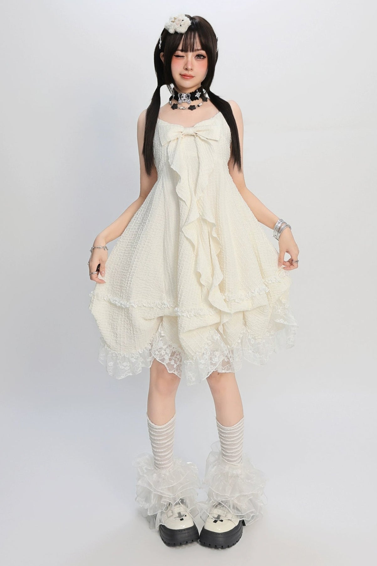 ガーリーアジアンビッグリボンスリップドレス