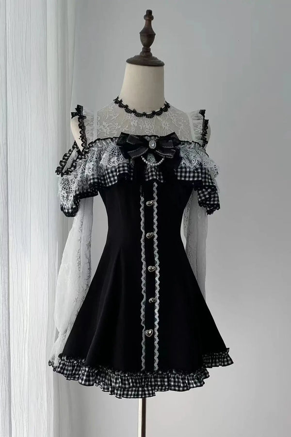 [Pre-order Deadline: November 15] Black and White Gingham Cold-Shoulder Long-Sleeve Lace Dress + Shorts + Bow Tie Set