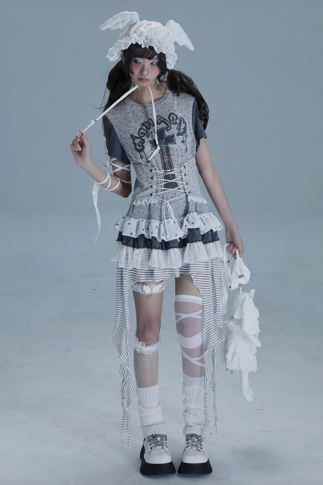 wsw bodyless [tear garden] original design niche Asian sub-length T-shirt irregular lace skirt top