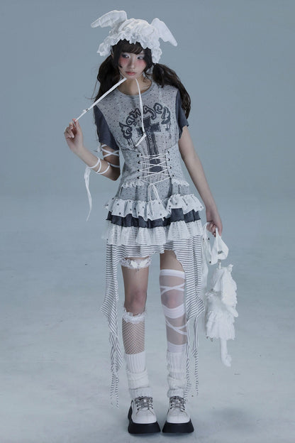 wsw bodyless [tear garden] original design niche Asian sub-length T-shirt irregular lace skirt top