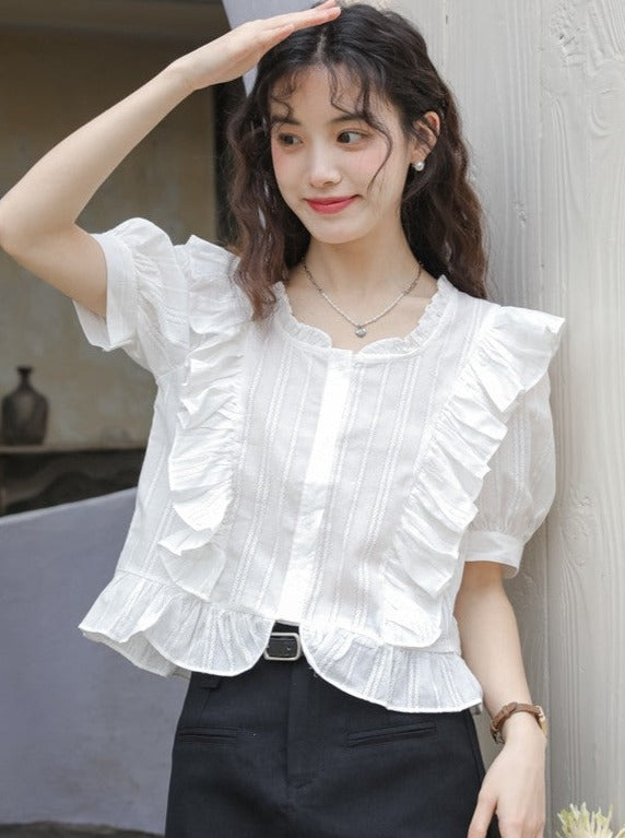 Retro Frill Square Air Color Short Tops