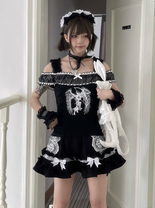 Wine and meat market original boat neckline, plaid lace, black angel skull print, cropped T-shirt skirt set
