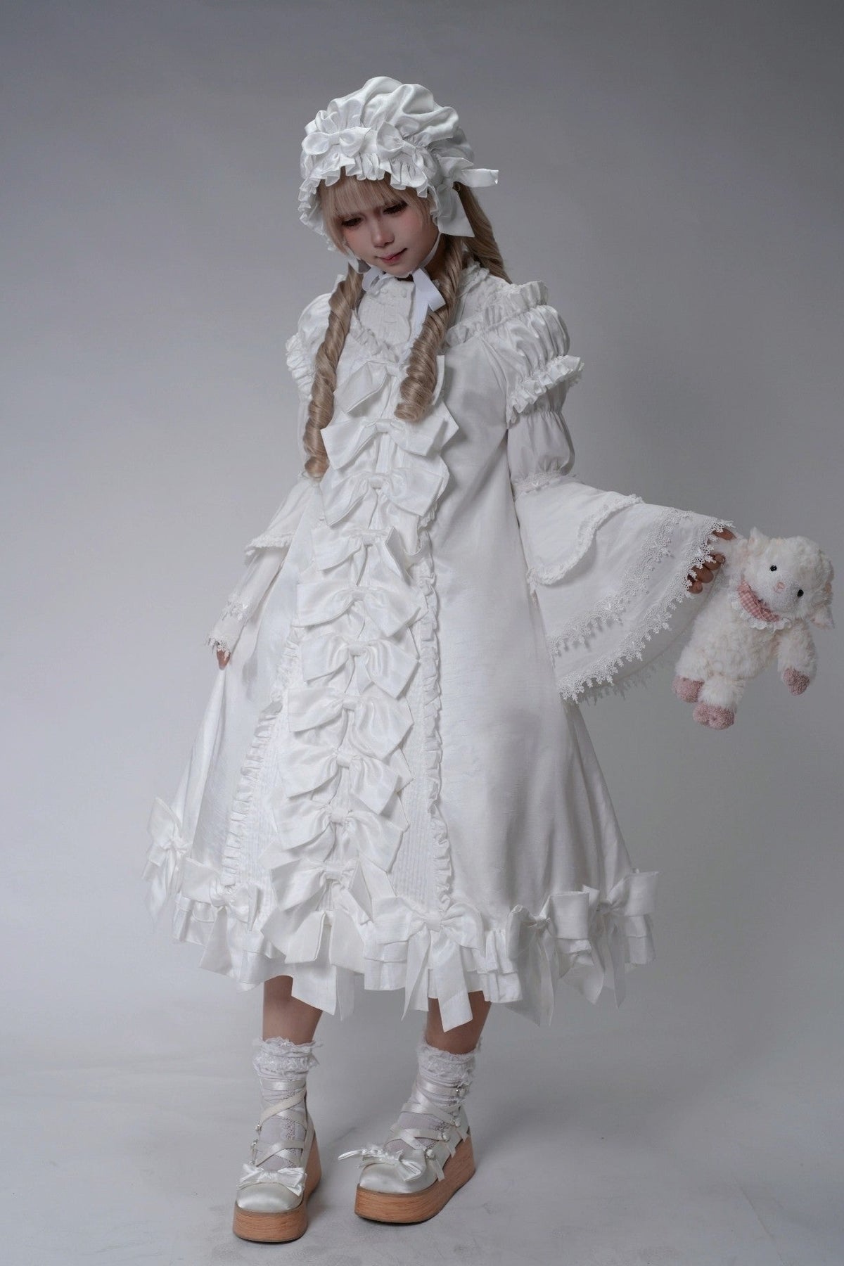 [November 15 Reservation Deadline] White Doll Style Front & Back Two-Way Ruffle Ribbon Lolita Dress (Short/Long) + Matching Shorts (Short/Long) + BB Hat