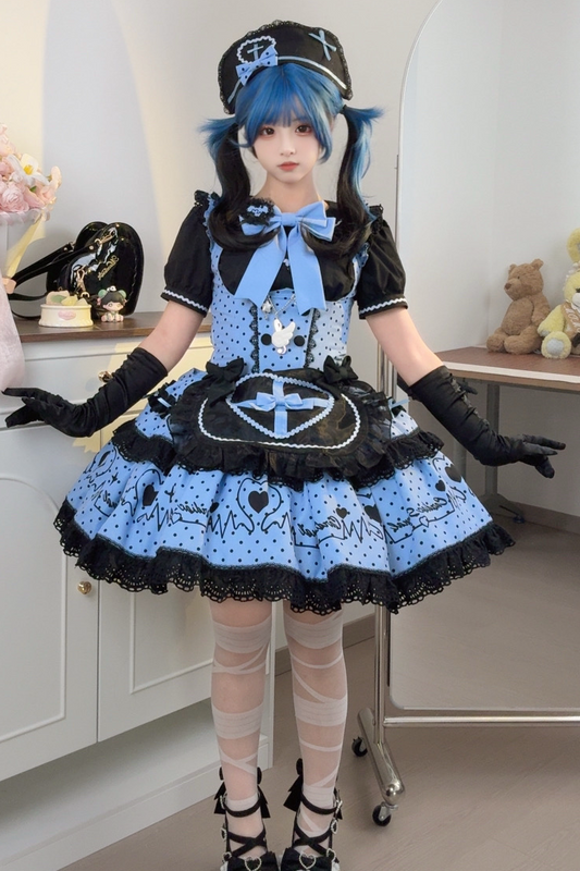 【4月29日予約締切】ブルー／ピンク/ホワイト/ブラックゴシック&スイートレースリボンシャツ＋ドットJSKエプロンドレス＋ナース帽コンプリートセット