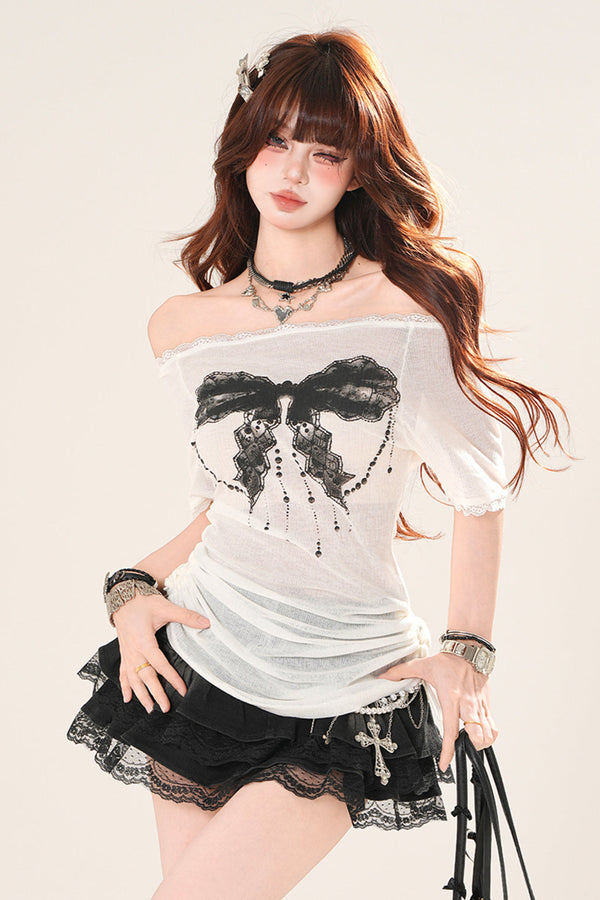 シースルーオフショルダーダークトップス