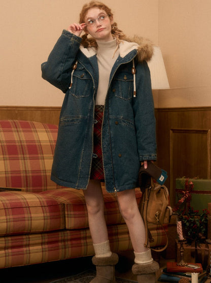 Retro Fur Hooded Denim Coat