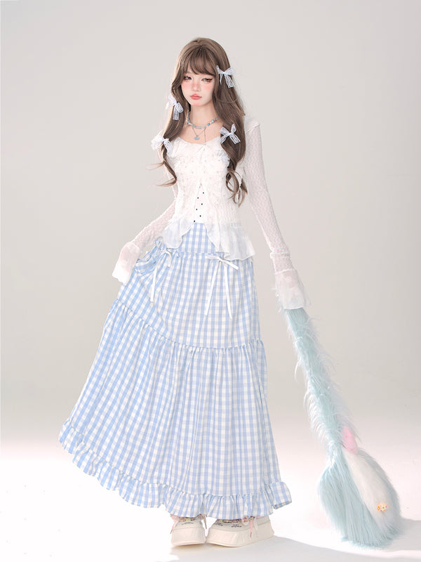 Dot Ribbon A-Line Long Skirt + Check A-Line Long Skirt