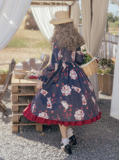 Sheep Berry Rabbit Style Design Velvet Print Ruice Dress