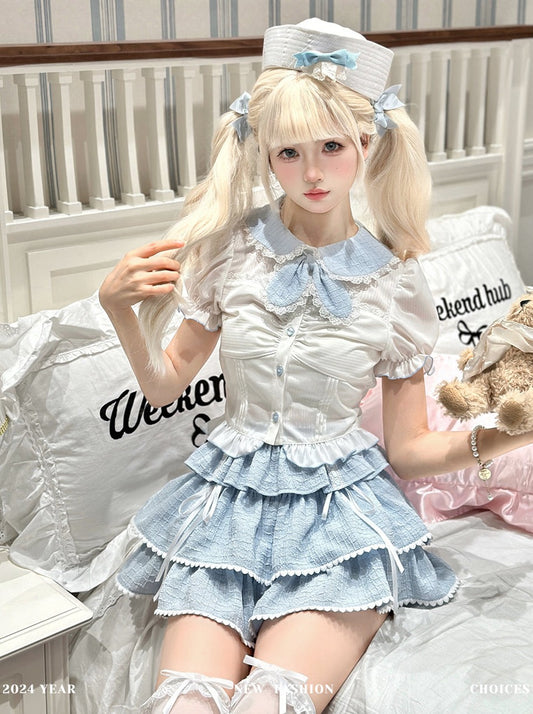 New in Summer] Ochaya Sea Salt Bubble Milk Sweet and Cute Princess Wind Blue and White Cake Skirt Set