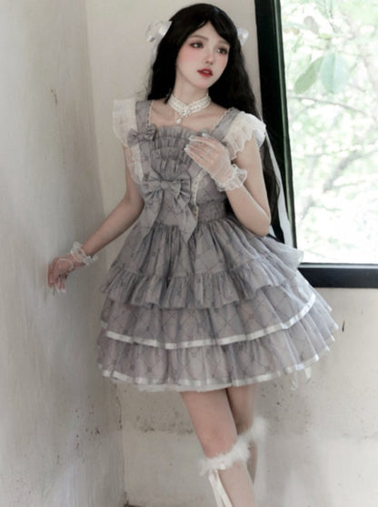 Gray Ribbon Tiered Lolita Dress
