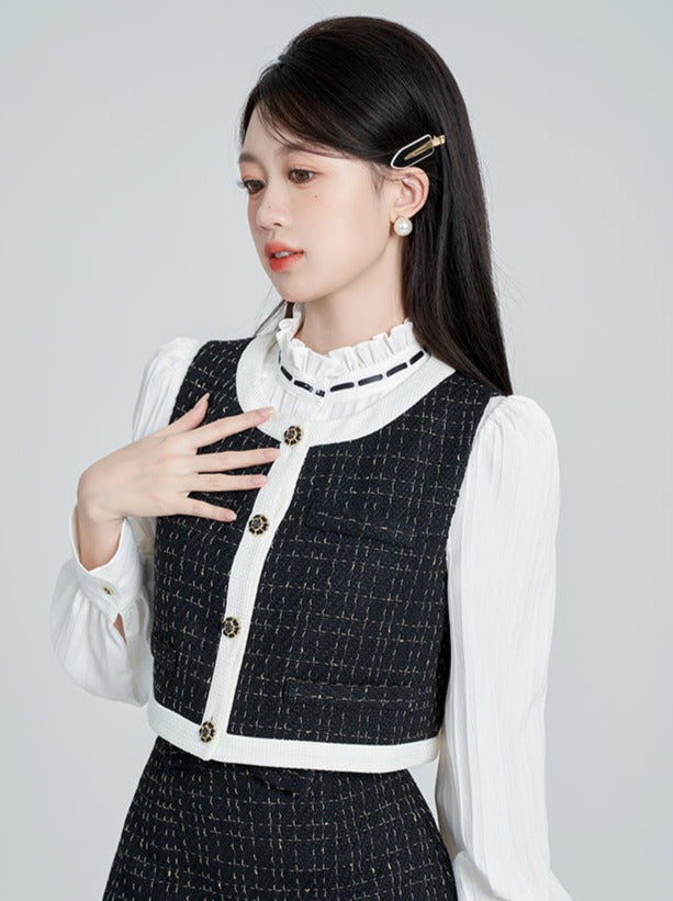 Tweed vest + tweed skirt + ruffle collar blouse