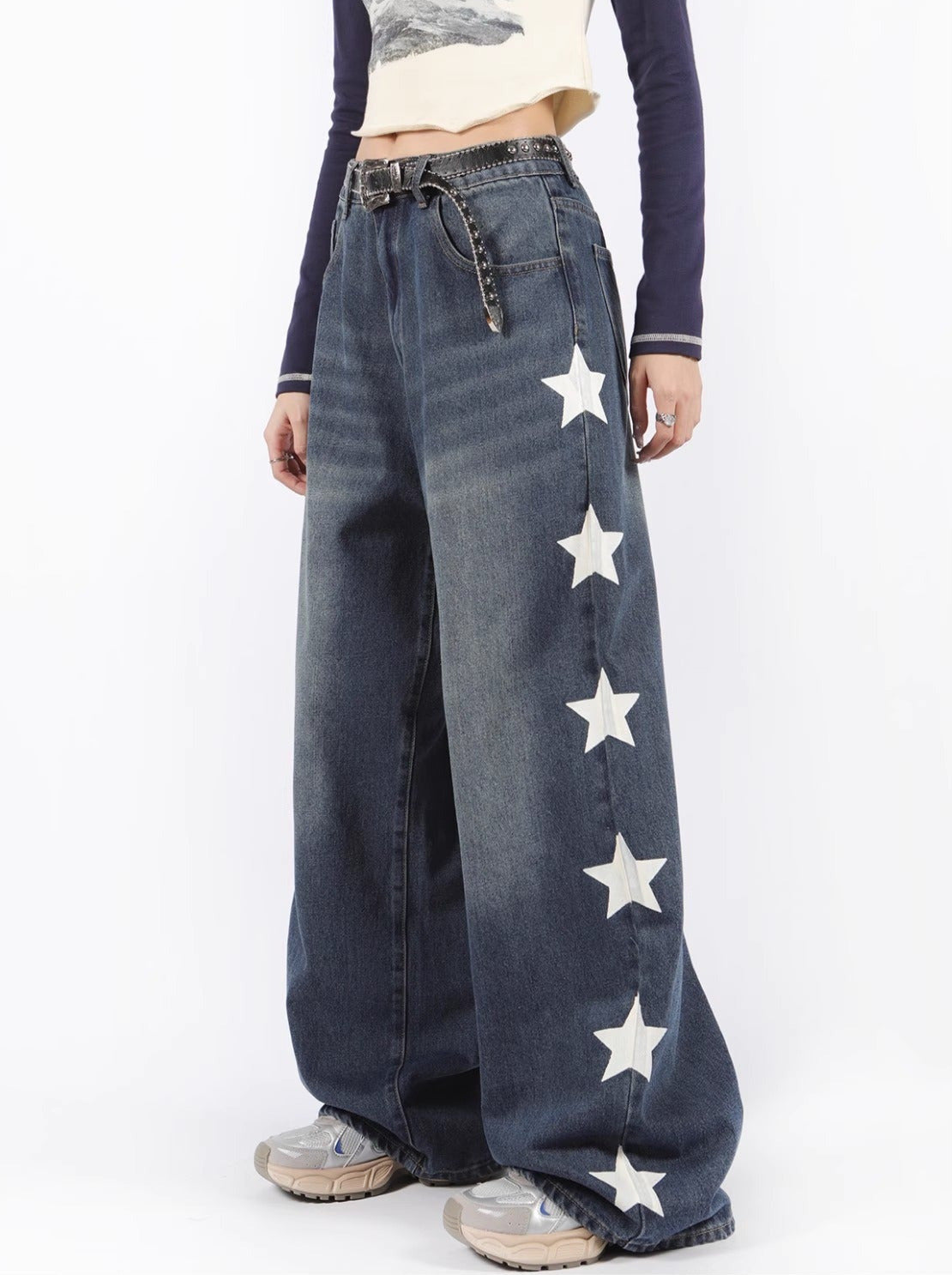 Star Print High Street Retro Rooswide Leg Jeans