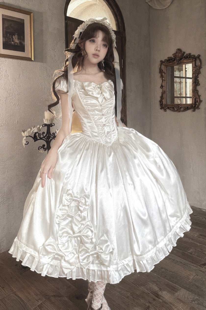 [Pre-order Deadline: August 8] Elegant Silver Satin Lolita Romantic Ribbon Dress Set