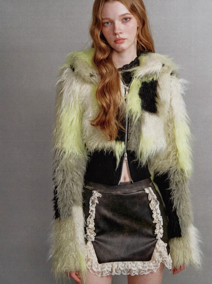 Contrast Lapel Fur Short Coat