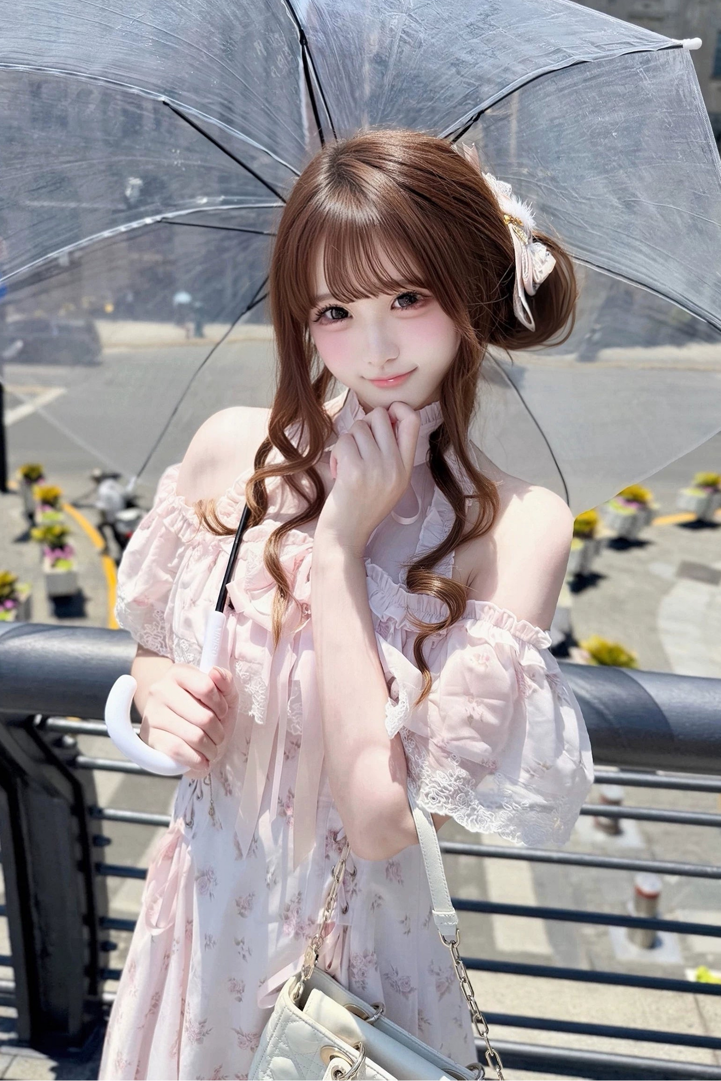 【6月15日予約締切】ピンクフローラルシフォンレースジュエルリボンオープンショルダーロングドレス