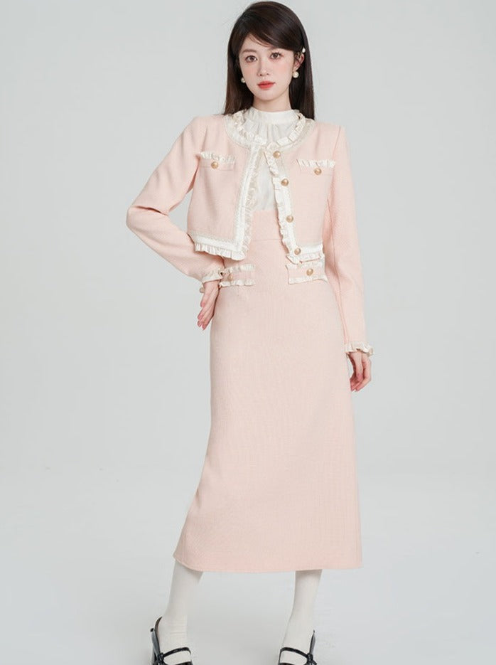 Ruffle Tweed Jacket + Tweed Suspender Skirt + French Blouse