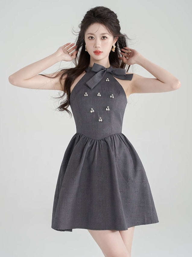 High End Sleeveless Jacquard Gray Halter Neck Dress