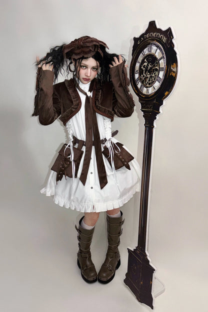 [Date limite de précommande : 11/6] Accessoires de la série steampunk marron x mode gothique noire (mini-chapeau à ruban cœur en velours + cravate à ruban motif cœur + sac de taille avec ceinture)