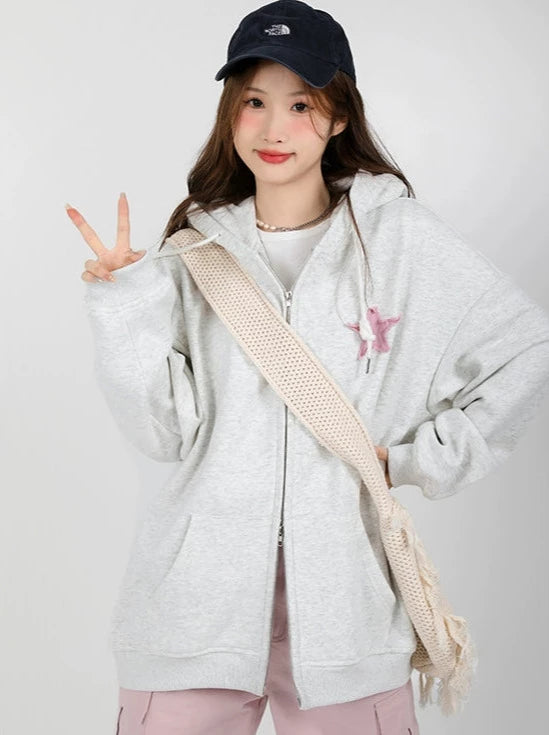 Star Zip Hooded Loose Sweatshirt Hoodie